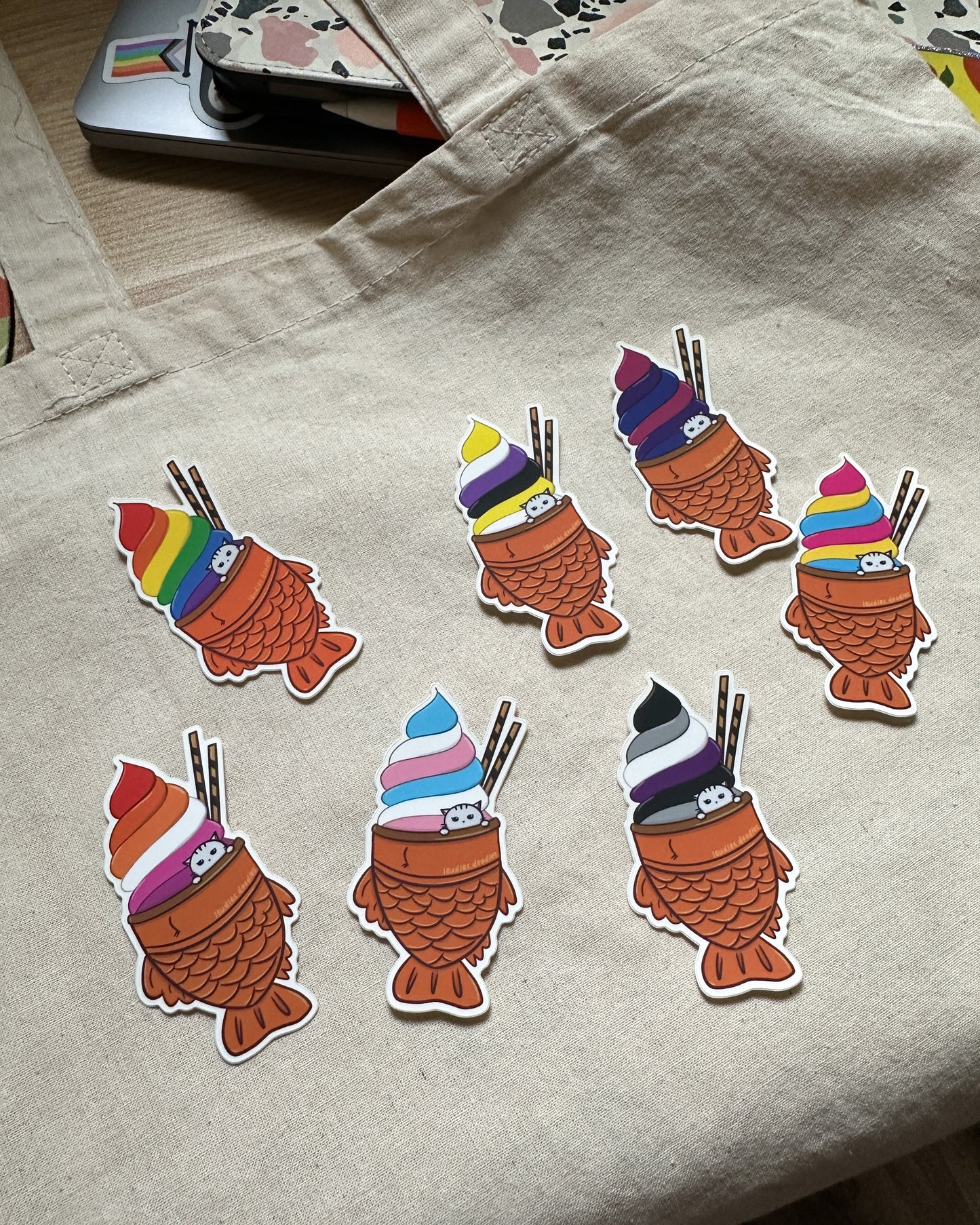 Subtle LGBTQ+ Pride Rainbow Pride Taiyaki Ice Cream Stickers (Holographic or Matte)
