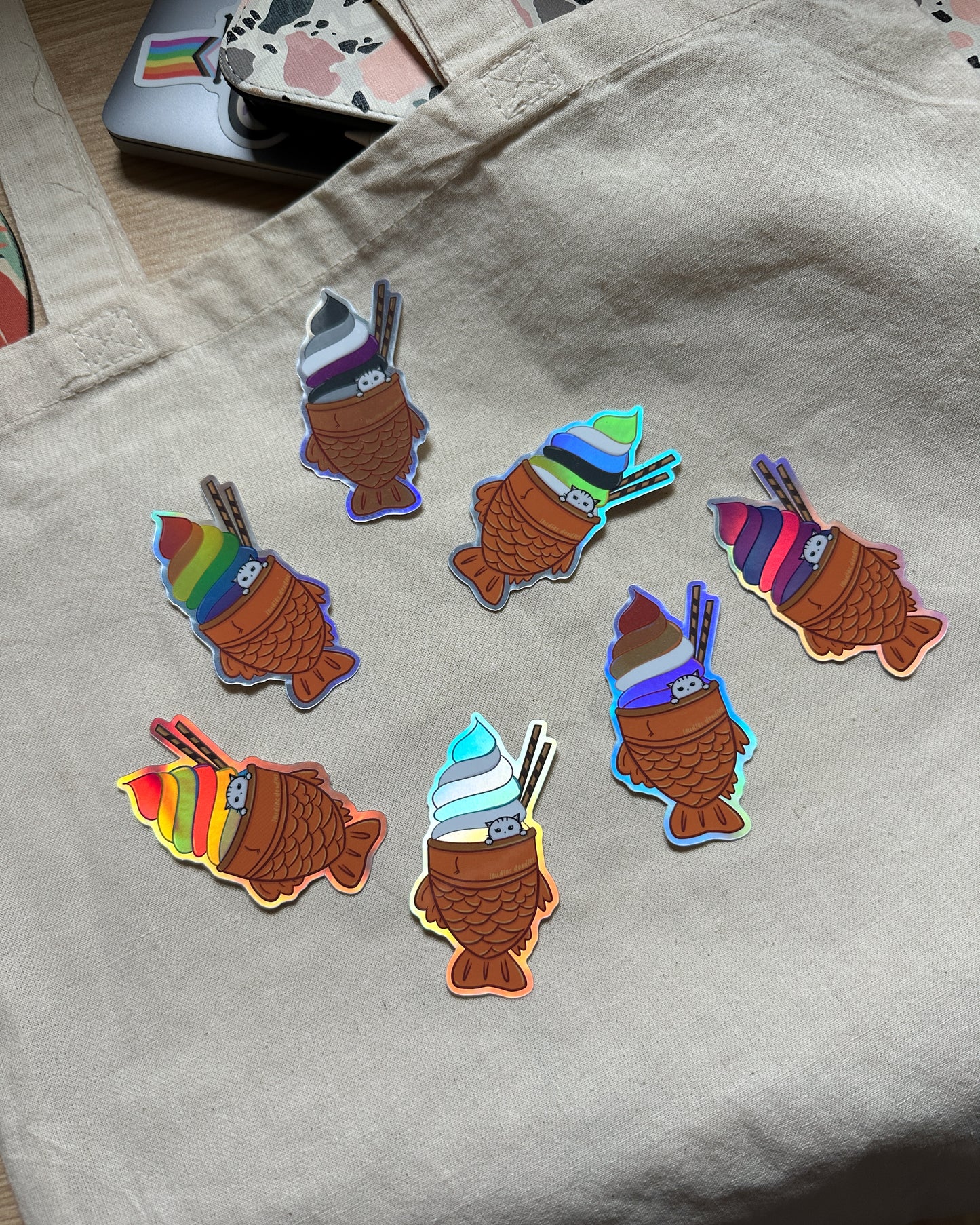 Subtle LGBTQ+ Pride Rainbow Pride Taiyaki Ice Cream Stickers (Holographic or Matte)
