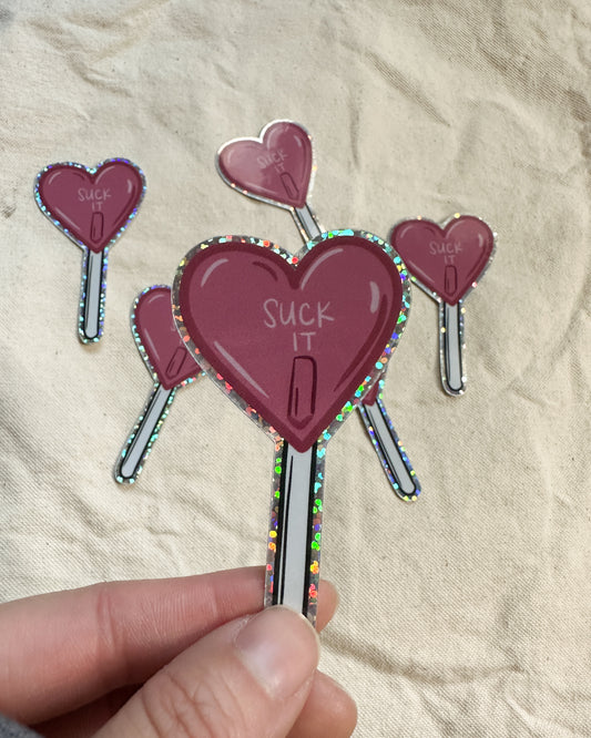 Suck It Heart Lollipop (Glitter Die Cut Sticker)