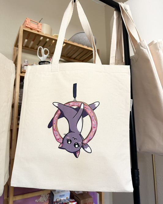 Cat on Donut Lyra Hoop Tote Bag, 12oz Organic Cotton