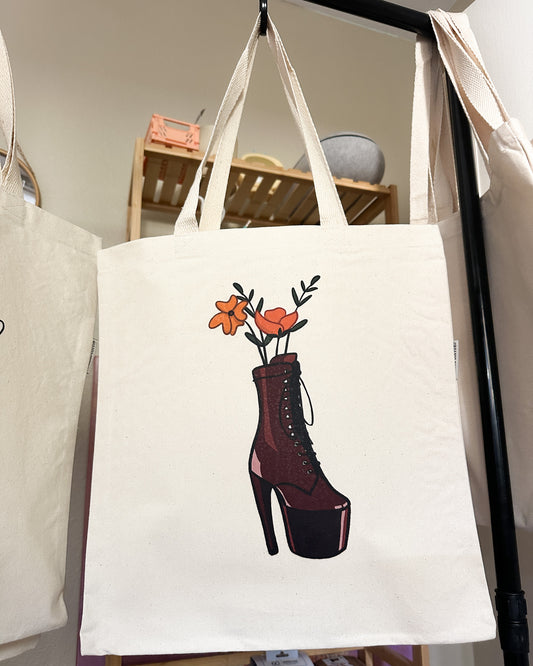 Platform Heels Bouquet Tote Bag, 12oz Organic Cotton