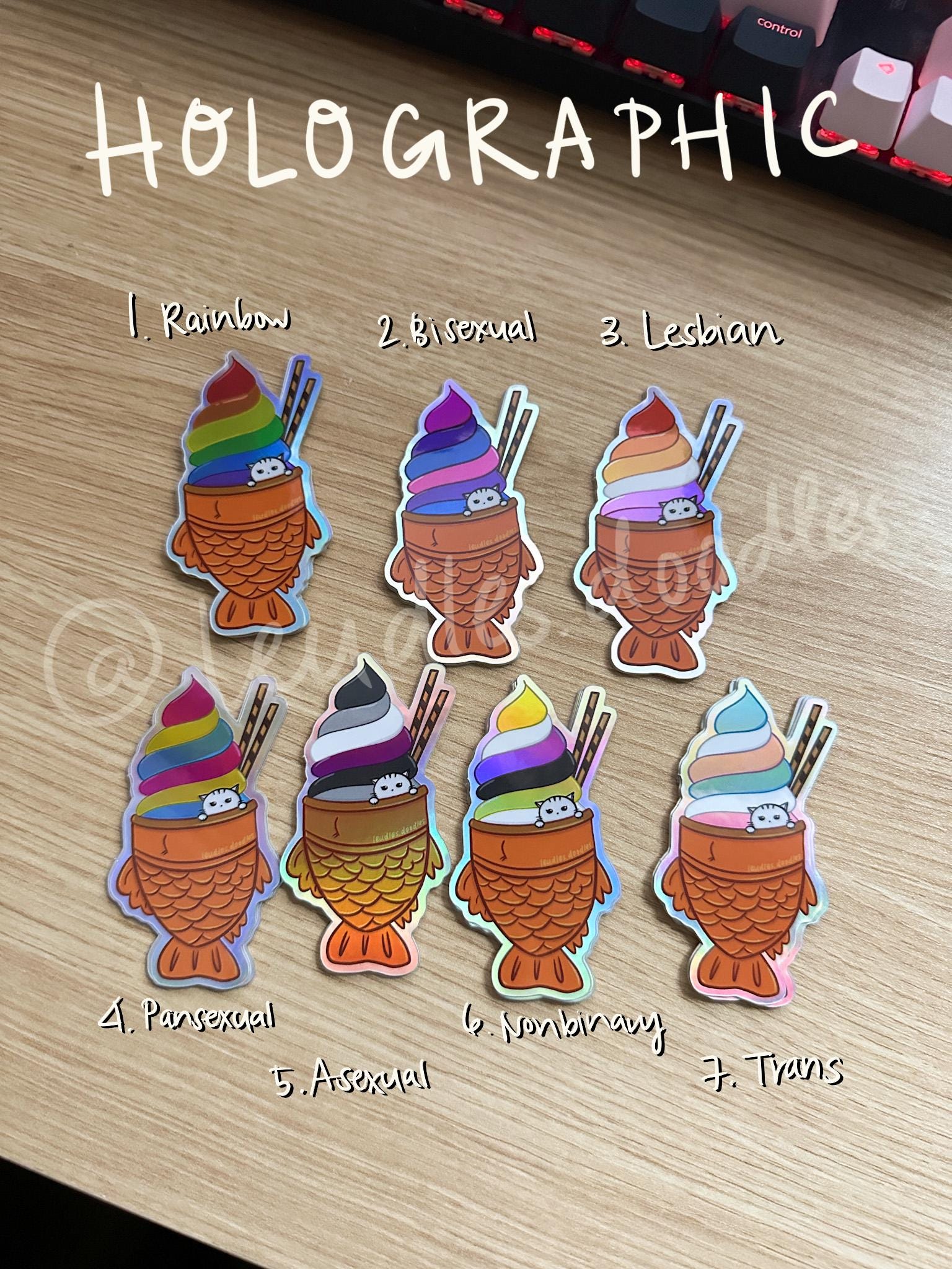 Subtle Pride Stickers, Rainbow Pride Taiyaki Ice Cream Stickers, LGBTQ+ Stickers (Holographic or Matte Vinyl Die Cut Stickers)