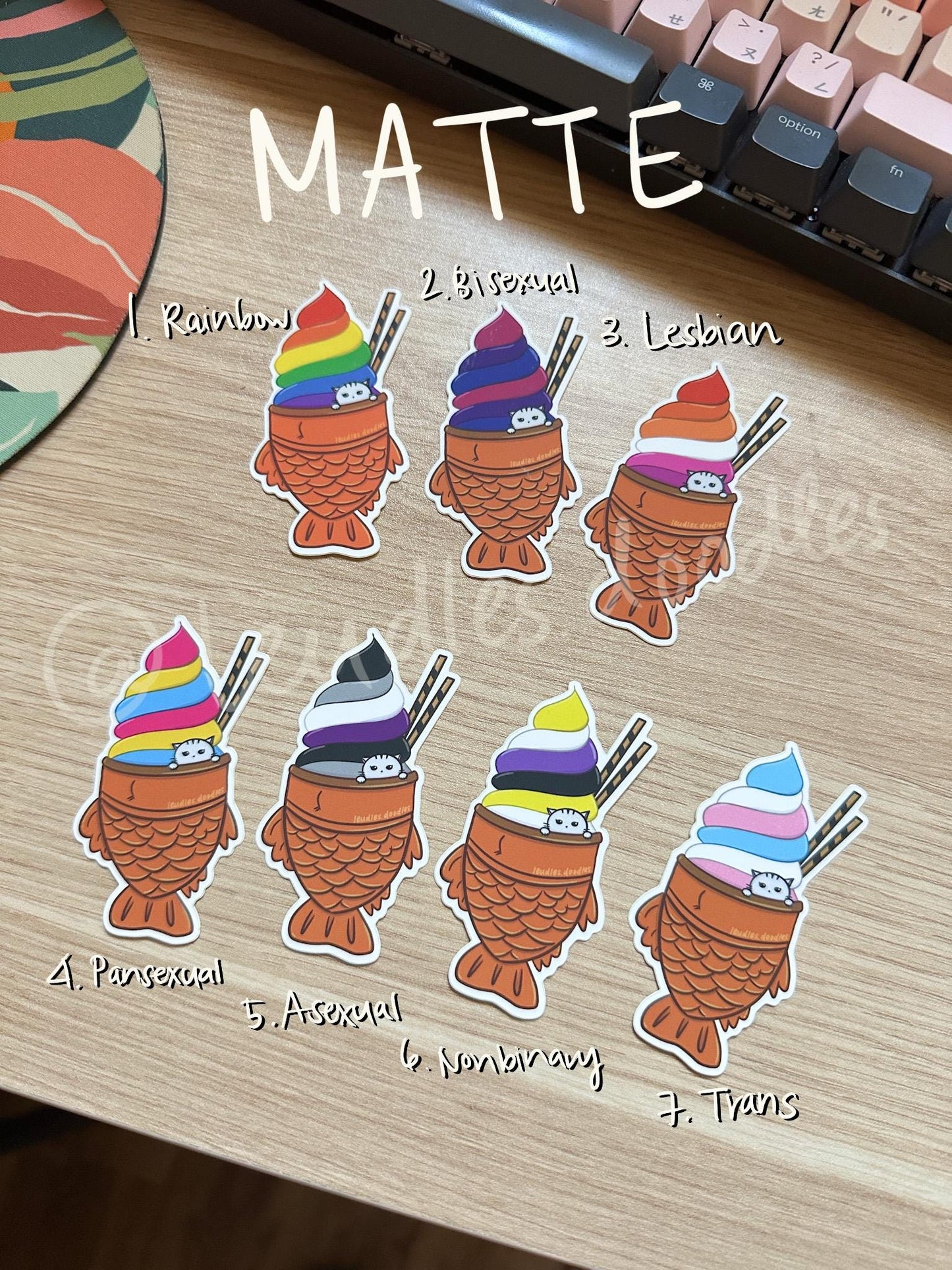 Subtle Pride Stickers, Rainbow Pride Taiyaki Ice Cream Stickers, LGBTQ+ Stickers (Holographic or Matte Vinyl Die Cut Stickers)
